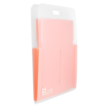 金得利 5格A4竖式手提风琴包大容量竖款文件夹学生试卷资料收纳包文件袋透明多层分类文件包 粉色 DC7105