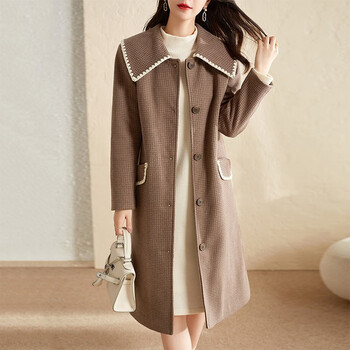 尚都比拉冬季加厚保暖复古小千鸟格撞色压花娃娃领毛呢外套女114d