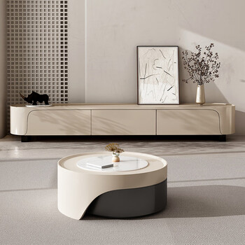 汉慕斯现代茶几轻奢客厅家用圆茶几奶油风网红简约岩板可伸缩茶几慕思