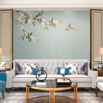 独秀客厅电视背景墙布中式玉兰卧室床头无缝独绣高端刺绣壁布现代