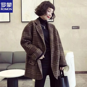 罗蒙官方22年新款羊绒大衣女秋冬新款格子双面羊绒大衣女韩版宽松短款