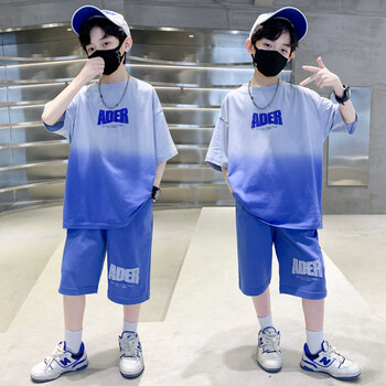 荷棠梦童装男童短袖套装夏季新款儿童衣服男孩912岁蓝色渐变运动装潮