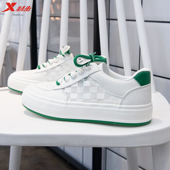 特步(xtep)小白鞋女鞋款板鞋厚底百搭透气镂空薄网面网鞋夏款 白绿色