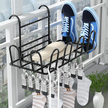 阳台晒鞋架神器防盗窗护栏杆窗外晾衣架窗户窗台室外晾晒凉鞋架子黑色