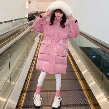 棉袄冬鲨鱼皮印花棉服2022新长款中大童女孩子免水洗亮面棉袄粉色150