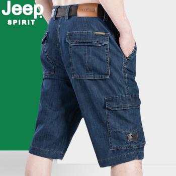 吉普（JEEP）牛仔短裤男夏季新款五分裤中腰直筒男装短裤青年男士多口袋短裤 吉普722蓝色 34码2尺6