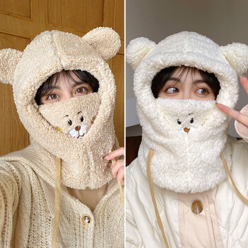 日本gp小熊帽帽子围巾一体冬天女骑车防寒保暖秋冬时尚帽 小熊一体帽