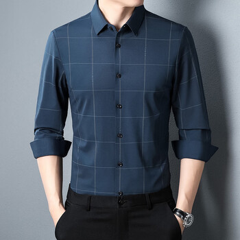 劲霸男装春秋新款男式长袖衬衫绵羊毛格子青中年男士衬衣商务休闲现60