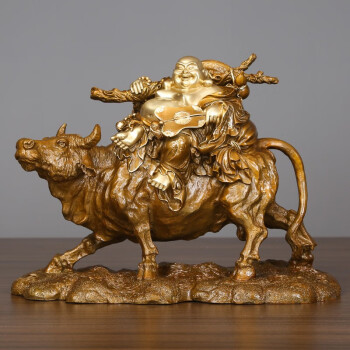 浣彩 纯铜弥勒佛像摆件笑佛骑牛工艺品大肚笑佛招财风水客厅家居供奉