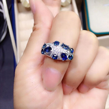 双盈喜 豪华精致轻奢可爱天然山东蓝宝石小海星戒指925银镶嵌 白金色