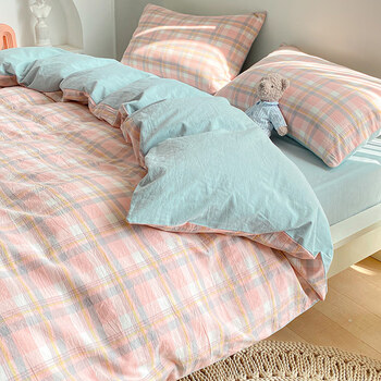 学生宿舍单人床三件套加绒北欧风ins水洗棉四件套全棉纯棉简约格子