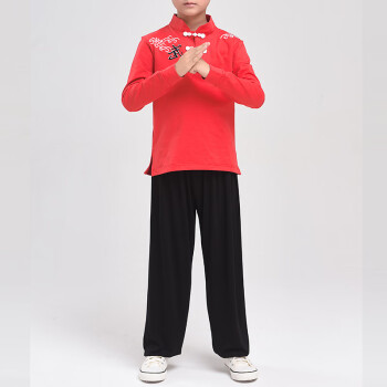 武术服装中国扣云武中式儿童t恤练功立领中国风短袖武术运动套装 红