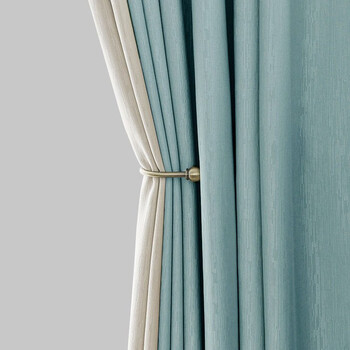 挂钩窗帘布隔热布鲁棉窗帘蓝绿色拼象牙米定制韩式挂钩式一米联系卖家
