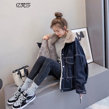 亿梵莎羊羔毛牛仔外套女秋冬季2022新款学生女装韩版宽松百搭加绒加厚