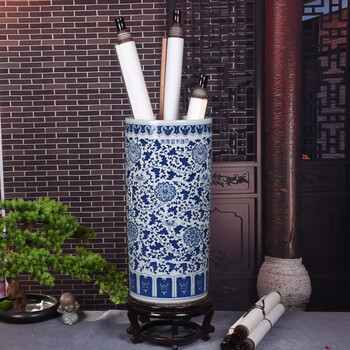 景德镇陶瓷箭筒书画缸卷轴缸字画筒落地大号客厅家居青花瓷摆设闪康