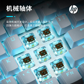 惠普（HP）GK400F机械键盘 游戏键盘办公 104键CF吃鸡LOL电竞冰蓝光有线键盘 银白色 青轴