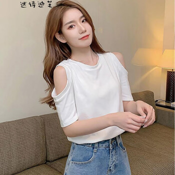 露肩上衣女性感时尚短袖露肩t恤女时尚潮款新款白色短袖t恤女a码短袖