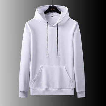 秋季新款男士连帽卫衣纯色休闲运动帽衫男套头衫白色连帽l