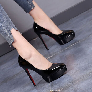 鞋子女2021新款高跟鞋防水台不累脚女鞋尖头细跟浅口黑色单鞋12cm