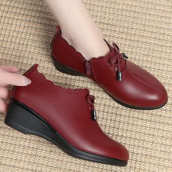 鞋坡跟软底单鞋春秋款鞋子女2023年新款真皮中年皮鞋7196酒红色4cm41