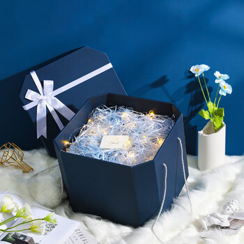 优雅蓝【拉菲草 礼盒 贺卡 开盖即亮灯串】 40cm*40cm*30cm内外同色!