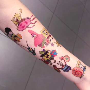 hjf卡通海绵宝宝纹身贴女防水 可爱动漫彩色儿童印花贴纸ins风潮 ins