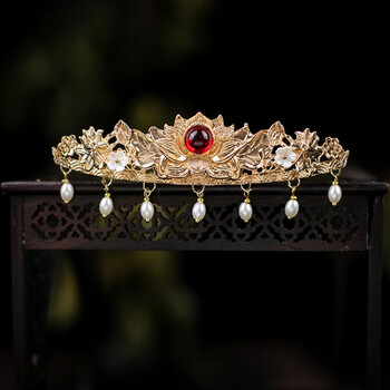 snqp汉服头饰流苏发冠古风超仙莲花头冠古装演出饰品复古顶冠发饰 池