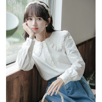 培钦青少女孩衬衫初中生高中女生衬衣可爱娃娃领褶皱衬衫女春季新款设