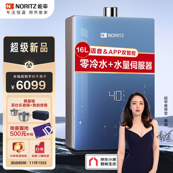 能率（NORITZ）零冷水燃气热水器16升 水量伺服器 双智控全面屏玻璃面板 GQ-16EX6AFEXQ(JSQ31-EX6AQ)天然气