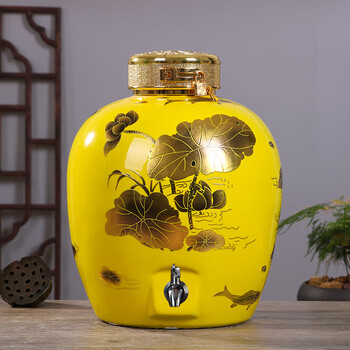 酒坛子陶瓷家用密封泡酒瓶复古酒罐带龙头酒壶空酒罐酒具10斤黄金荷花