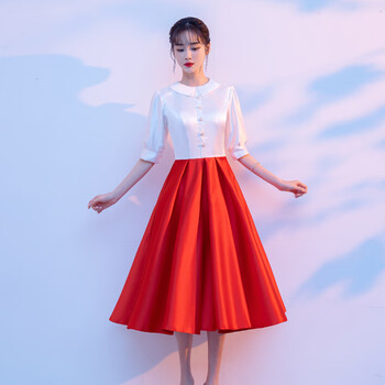 团演出服女大学生朗诵红歌共青团五四青年比赛表演主持礼服大红色xs