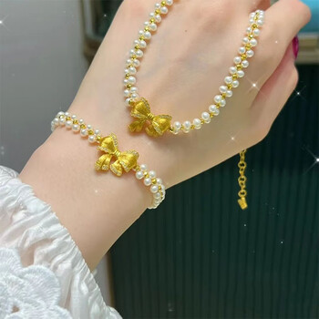 胤乃珠宝黄金蝴蝶结珍珠项链女士足金在逃公主金豆豆双层套链锁骨链送