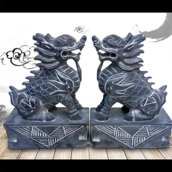 庭院门口狮子麒麟摆件客厅装饰奥琅石苑603815厘米高青石一对分公母