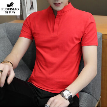 轻奢全棉立领polo衫男士丅韩版单色静净版薄款半截成熟短衫土红色m