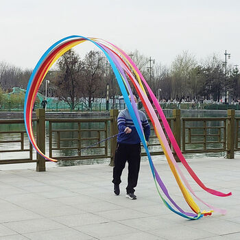 an)彩带跳舞舞蹈体操五彩绸健身丝带户外成人中老年广场舞艺术伸缩杆