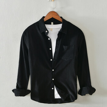 男装长袖外套简约纯色休闲外套男士上衣百搭方领衬衫男潮黑色xl180