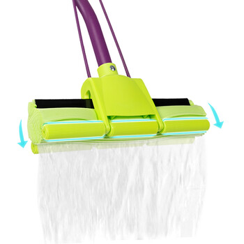 妙洁胶棉拖把27cm杆长120共2头滚轮式懒人家用一拖净免手洗海绵吸水