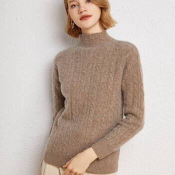 纯羊绒衫女半高领加厚麻花打底衫21秋冬新款韩版同款重磅针织毛衣摩卡