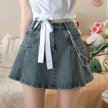 短裙布丁熊牛仔半身裙女牛仔短裙百褶裙夏季a字裙牛牛仔裙浅蓝色xl