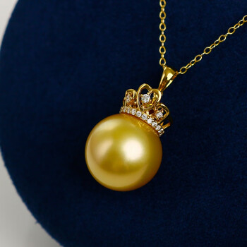 正圆强光海水浓金珍珠项链单颗项坠无暇 14-15mm 南洋金珠