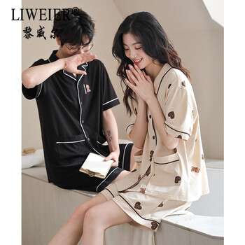 黎威尔品牌睡衣情侣装夏季纯棉短袖网红小熊睡裙服薄款2022年新款D2266056女 M(女160)【身高155-160cm;体重85-