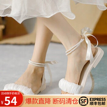 新款软底仙女风沙滩气质法式珍珠一字带凉鞋女平底鞋米白色35>350_350