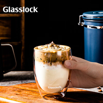 GLASSLOCK杯子双层咖啡玻璃杯耐热防烫透明拿铁牛奶家用水杯简约无柄475ml
