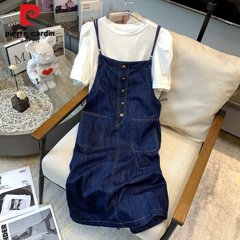 皮尔卡丹春秋夏季收腰女士开叉背带裙吊带牛仔蓝色连衣裙两装短袖t恤