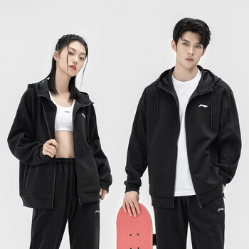 李宁（LI-NING）乒乓球服男女秋冬款开衫连帽卫衣羽毛球服运动上衣团购 黑色 L 