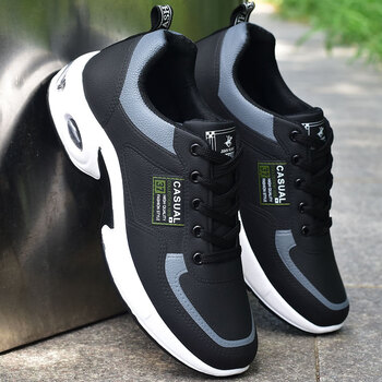 男鞋子春季防水皮面运动鞋男款黑色厚底增高跑步鞋男士防滑休闲 