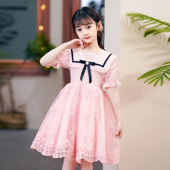 岁薄款洋气女童夏季连衣裙9新款儿童裙子公主裙夏 粉色蝴蝶结蕾丝裙子