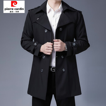 cardin)春秋款男士风衣外套中款秋冬季潮流翻领外衣商务休闲行政 黑色