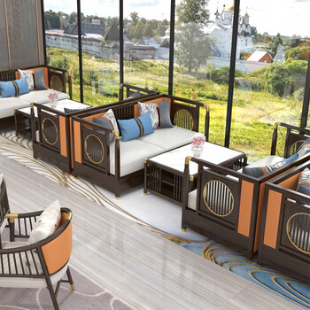 前沁售楼部处洽谈沙发新中式茶楼桌椅实木会所酒店包厢接待卡座 定制