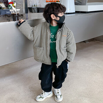 啄木鸟男童服冬款加厚2023新款儿童衣冬季炸街帅气外套冬装上衣袄格子